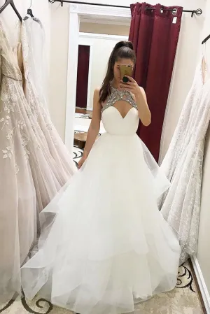 A Line High Neck Sleeveless Beaded Layered Long Long White Tulle Senior Prom Dress Formal Dress OHC340