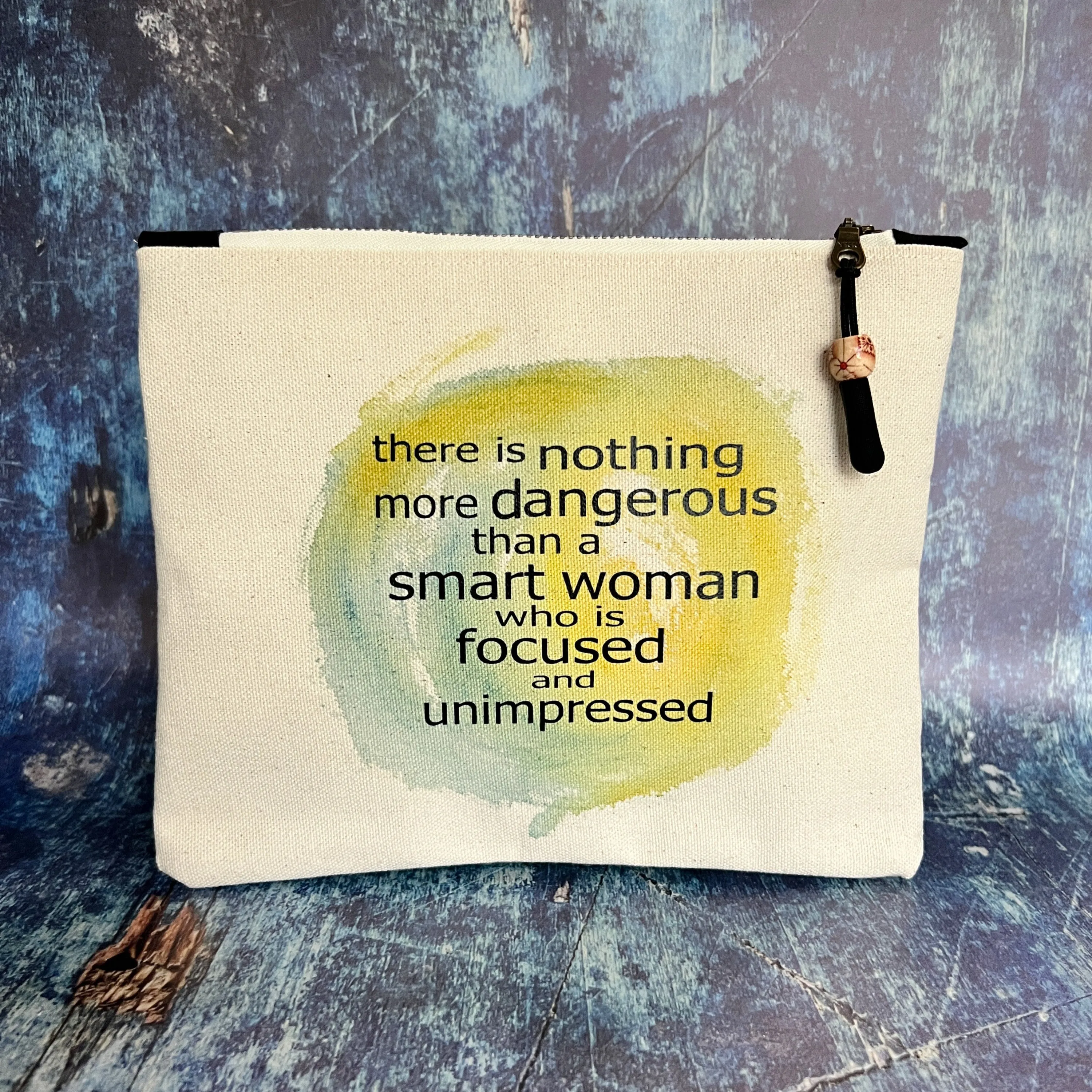Canvas zip bag painted SMALL - a smart woman is focused and unimpressed