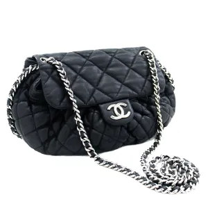 CHANEL Chain Around Shoulder Bag Crossbody Black Calfskin Leather j91
