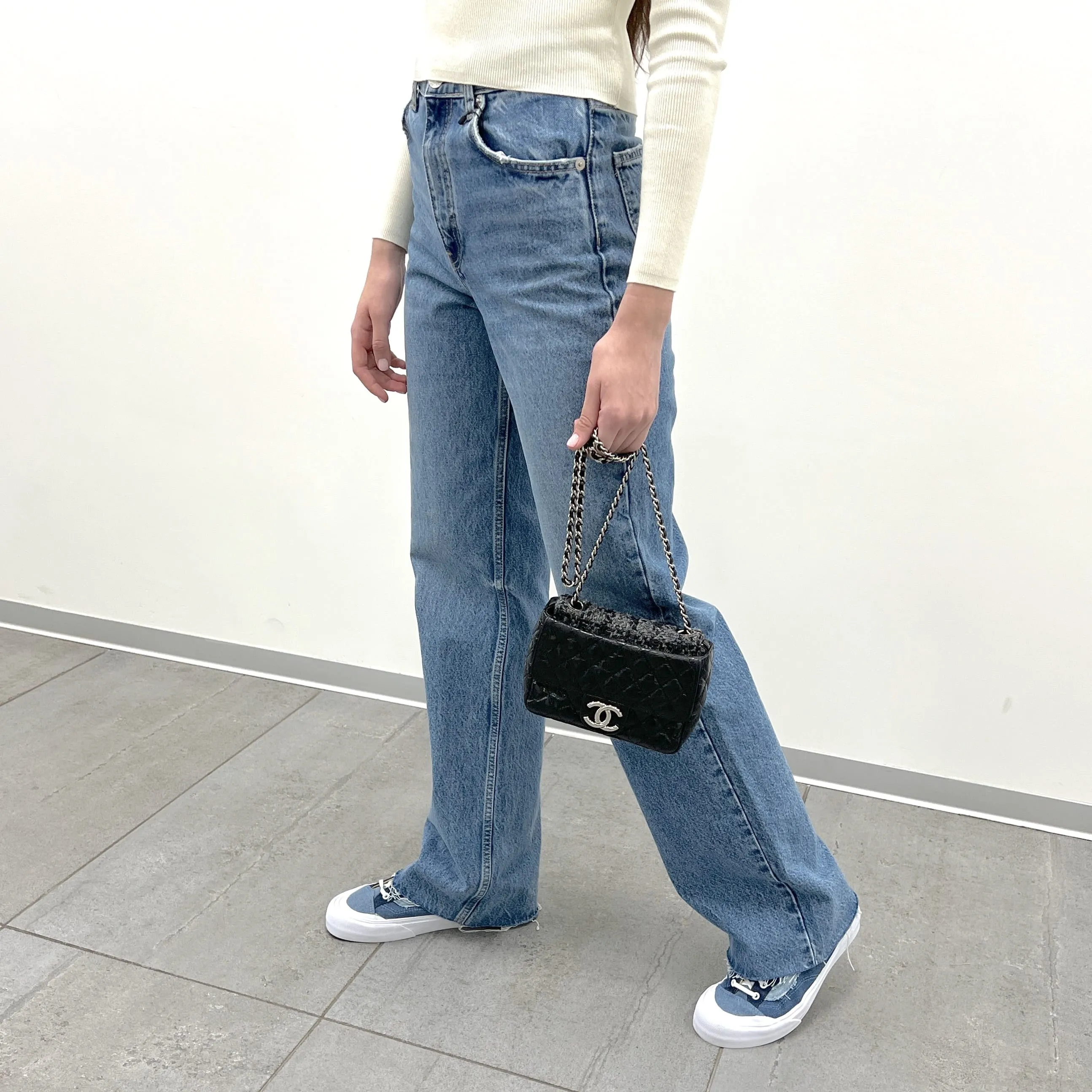 Chanel Crinkled Calfskin Leather and Tweed Classic Flap in Black