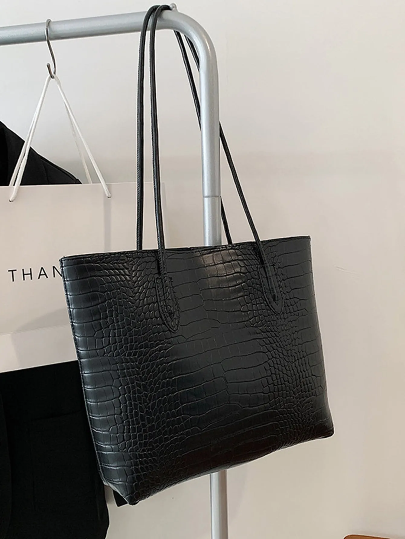 Crocodile Embossed Shoulder Tote Bag With Inner Pouch - Black- FD ⚡