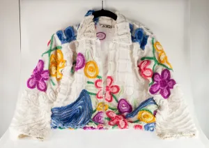 Damze Chenille Bedspread Zip Jacket With Colored Flower Motif XS/S