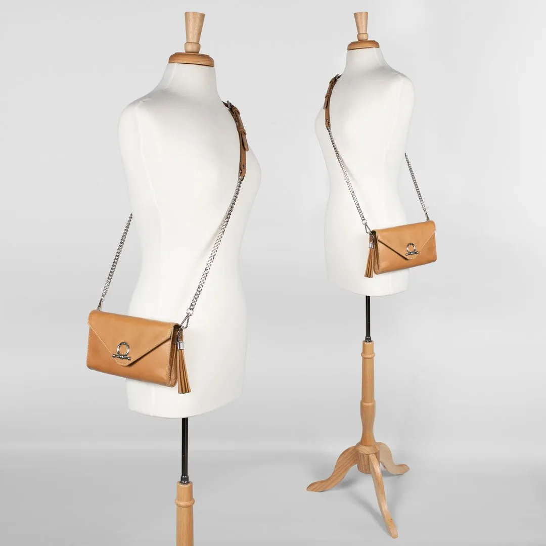 Del Mar - Horse Bit Crossbody Bag in Caramel Italian Leather with Nickel Hardware Featuring Custom Horse Bit Lock