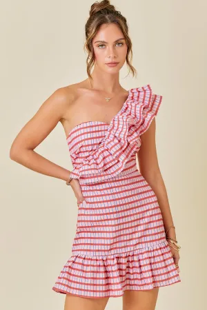 DOUBLE LAYERED RUFFLE ONE-SHOULDER DRESS