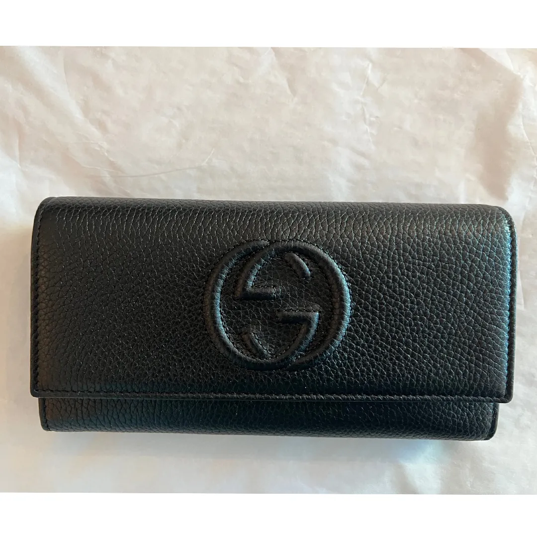 Gucci Soho Black Pebbled Leather Long Wallet Flap GG Large Authentic Italy NEW