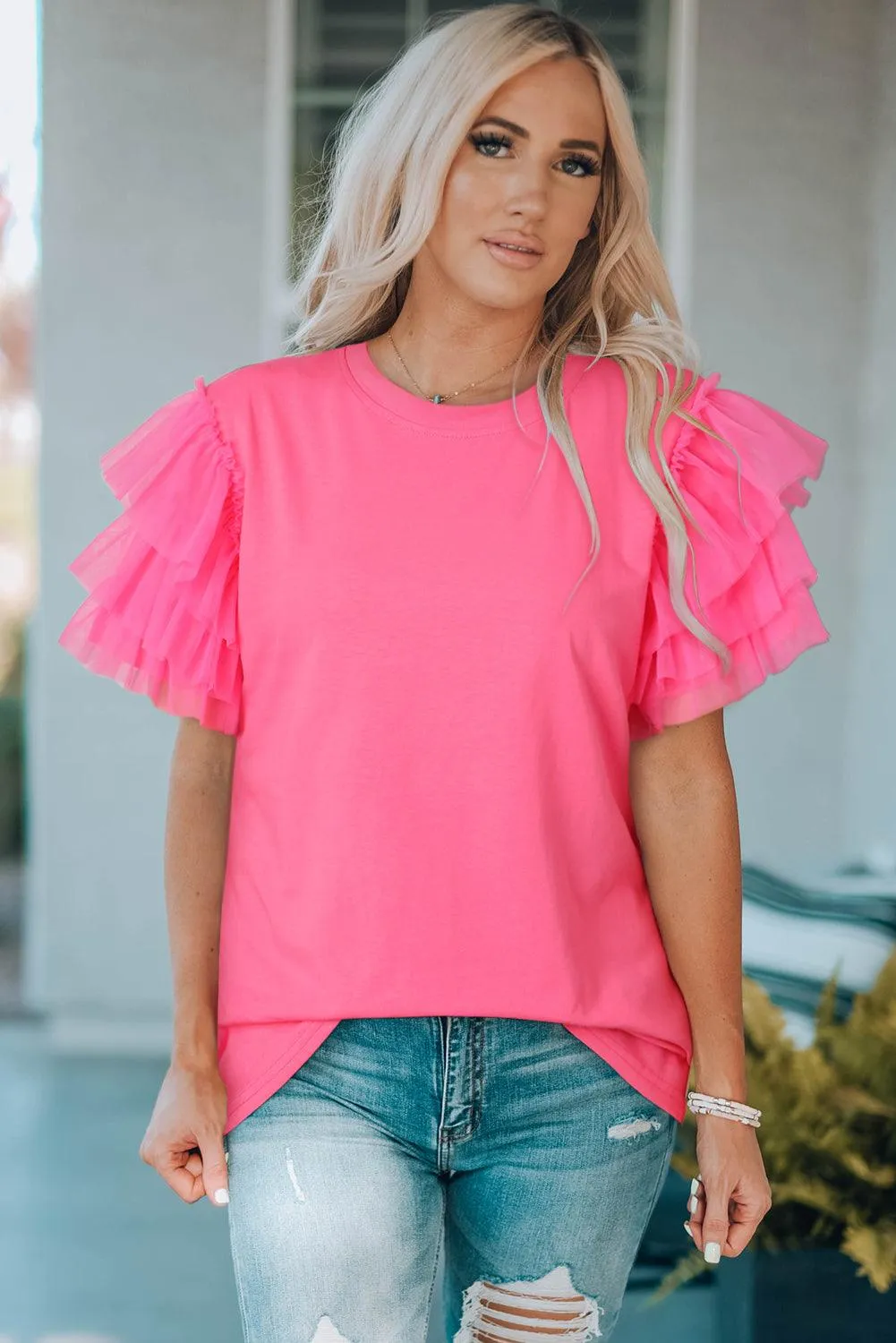 Hazel Blues® |  Layered Mesh Sleeve Round Neck Tee