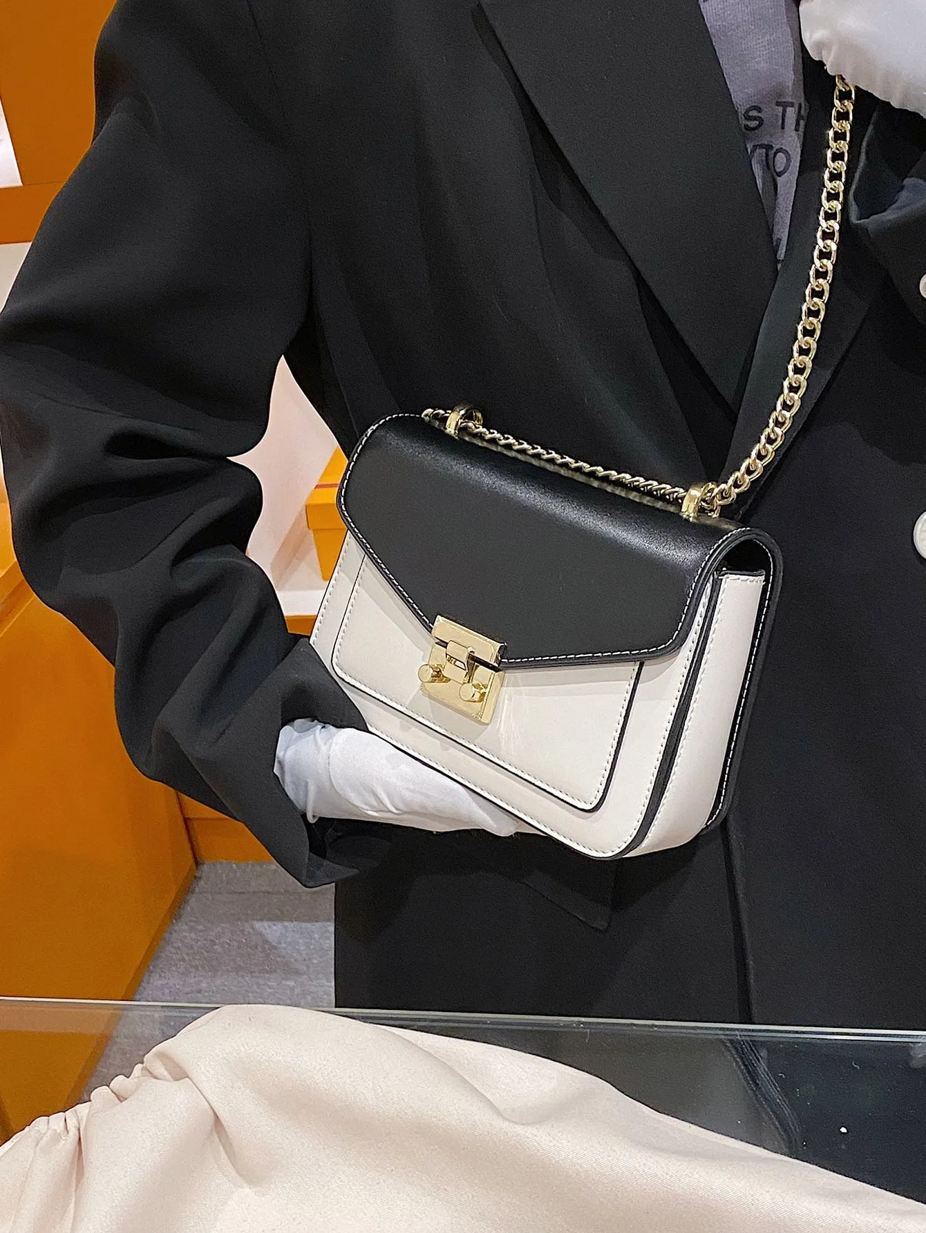 Mini Push Lock Chain Decor Flap Square Bag - Black and White