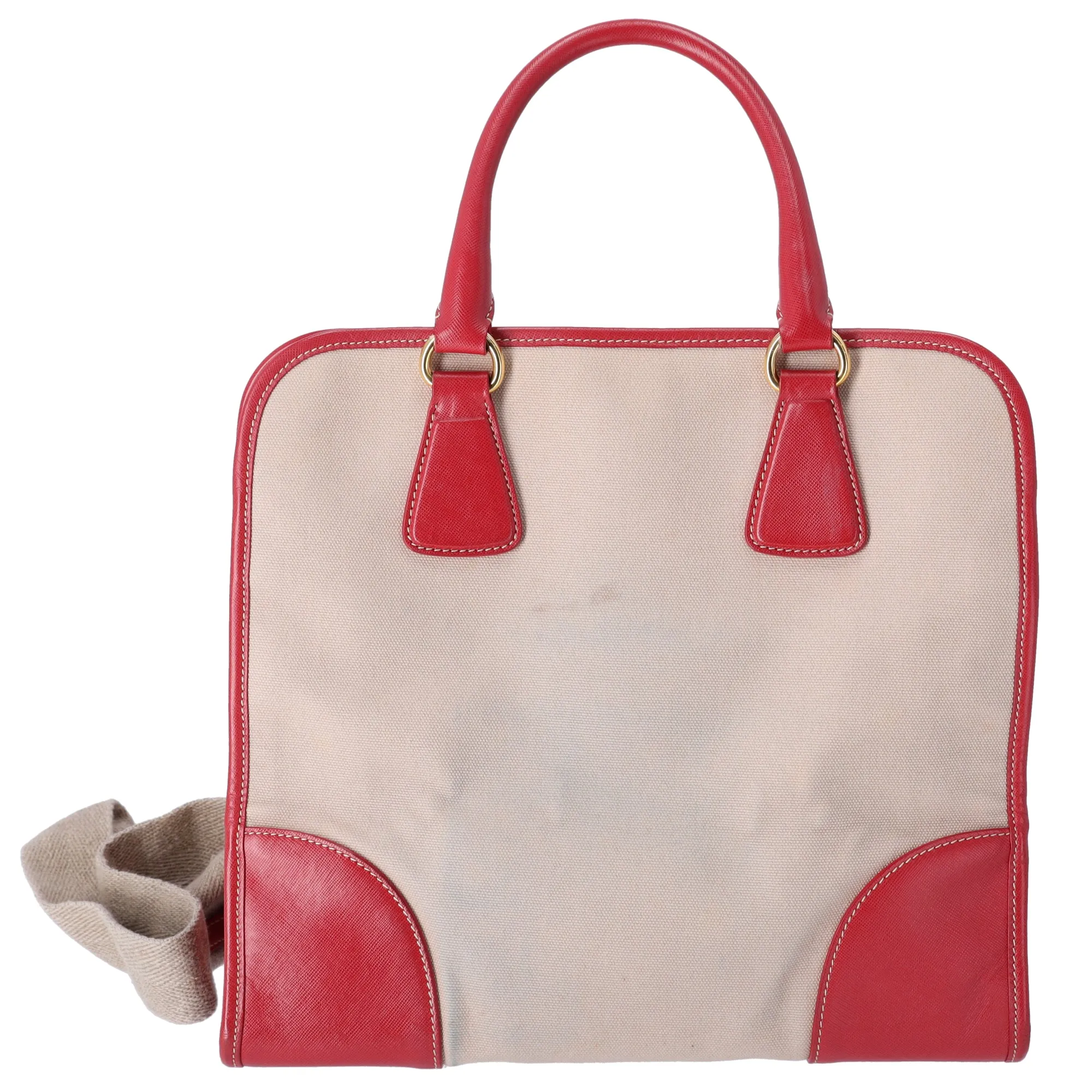 PRADA Triangle Logo Tote Bag BN2254 Tan Red Canvas Leather