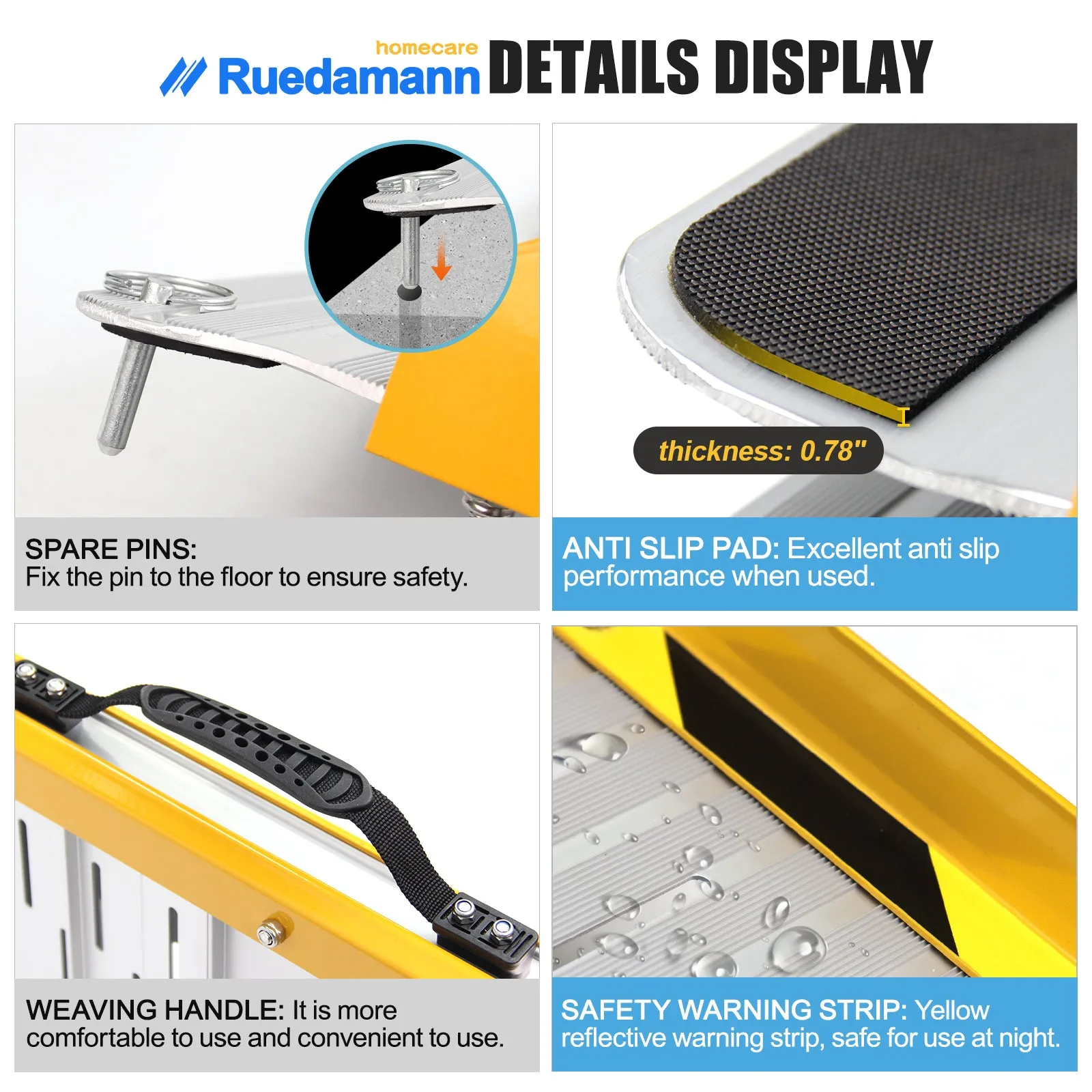 Ruedamann® Portable Aluminum Threshold Ramp  Non-Skid Surface Folding