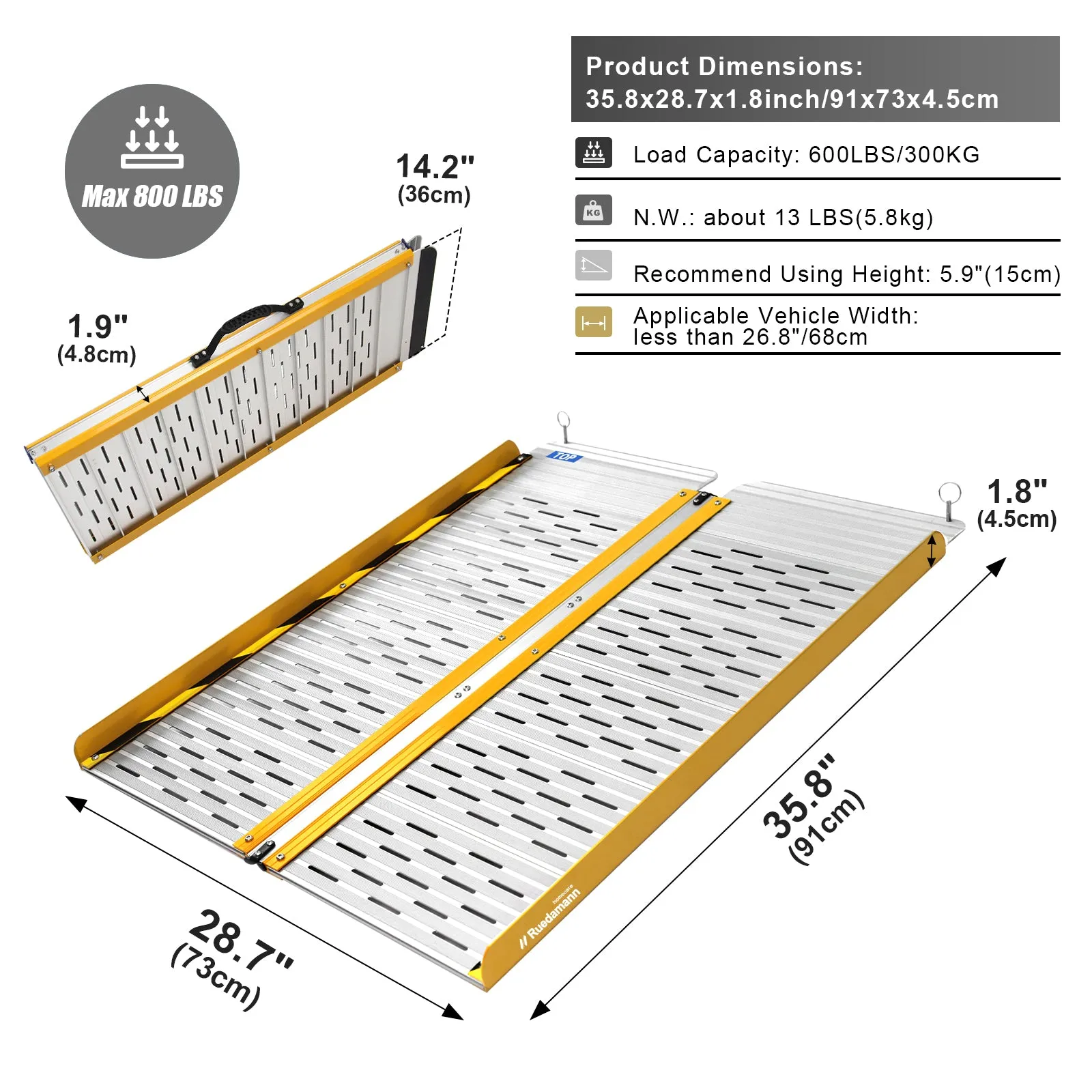 Ruedamann® Portable Aluminum Threshold Ramp  Non-Skid Surface Folding
