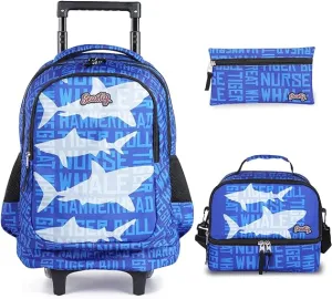 Seastig Whale Blue Rolling Backpack 18in Double Handle Backpack with Lunch Bag Set
